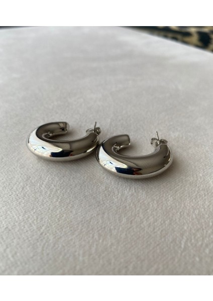 Kadın Gümüş Rengi Bombeli Çelik Halka Küpe