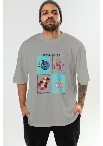 Music Club Ön Baskılı Oversize T-Shirt Erkek Kadın %100 Pamuk Bisiklet Yaka Tişort