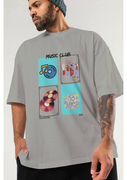 Music Club Ön Baskılı Oversize T-Shirt Erkek Kadın %100 Pamuk Bisiklet Yaka Tişort modelleri