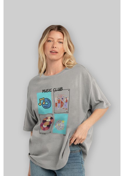 Music Club Ön Baskılı Oversize T-Shirt Erkek Kadın %100 Pamuk Bisiklet Yaka Tişort fırsatları