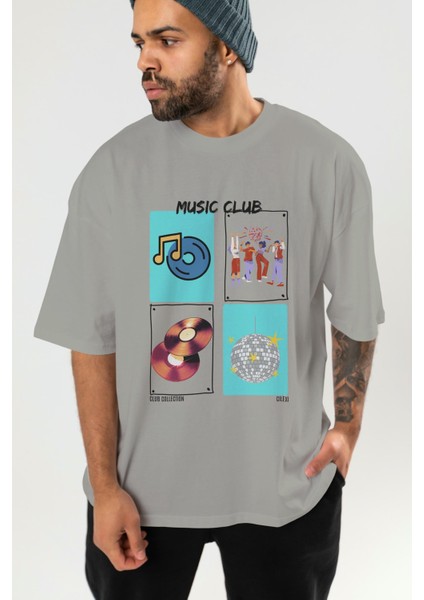 Music Club Ön Baskılı Oversize T-Shirt Erkek Kadın %100 Pamuk Bisiklet Yaka Tişort