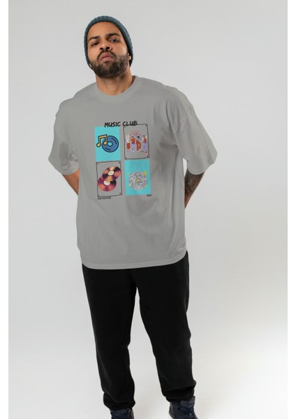 Music Club Ön Baskılı Oversize T-Shirt Erkek Kadın %100 Pamuk Bisiklet Yaka Tişort