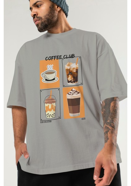 Coffee Club Ön Baskılı Oversize T-Shirt Erkek Kadın %100 Pamuk Bisiklet Yaka Tişort modelleri