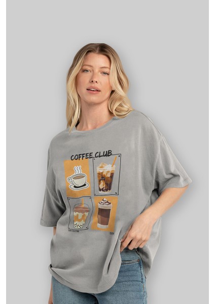 Coffee Club Ön Baskılı Oversize T-Shirt Erkek Kadın %100 Pamuk Bisiklet Yaka Tişort fırsatları