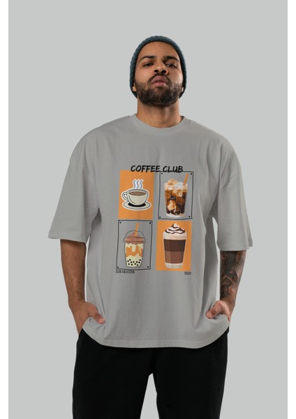 Coffee Club Ön Baskılı Oversize T-Shirt Erkek Kadın %100 Pamuk Bisiklet Yaka Tişort indirimleri