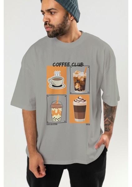 Coffee Club Ön Baskılı Oversize T-Shirt Erkek Kadın %100 Pamuk Bisiklet Yaka Tişort
