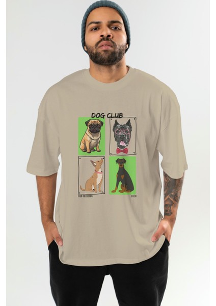 Dog Club Ön Baskılı Oversize T-Shirt Erkek Kadın %100 Pamuk Bisiklet Yaka Tişort