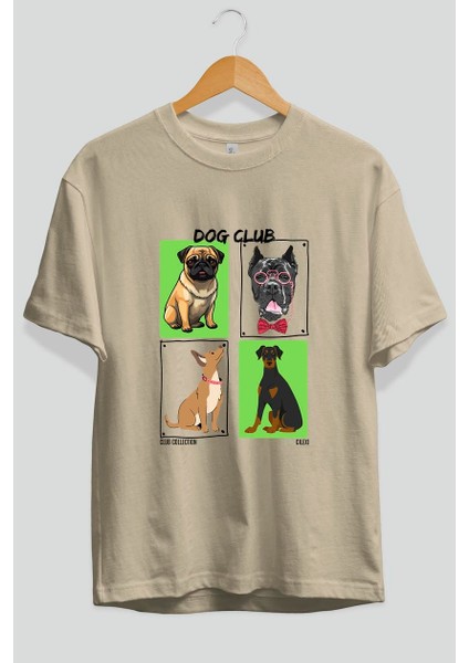 Dog Club Ön Baskılı Oversize T-Shirt Erkek Kadın %100 Pamuk Bisiklet Yaka Tişort fiyatları