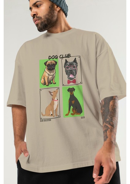 Dog Club Ön Baskılı Oversize T-Shirt Erkek Kadın %100 Pamuk Bisiklet Yaka Tişort modelleri