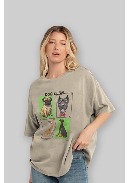 Dog Club Ön Baskılı Oversize T-Shirt Erkek Kadın %100 Pamuk Bisiklet Yaka Tişort fırsatları