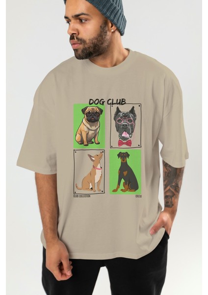 Dog Club Ön Baskılı Oversize T-Shirt Erkek Kadın %100 Pamuk Bisiklet Yaka Tişort