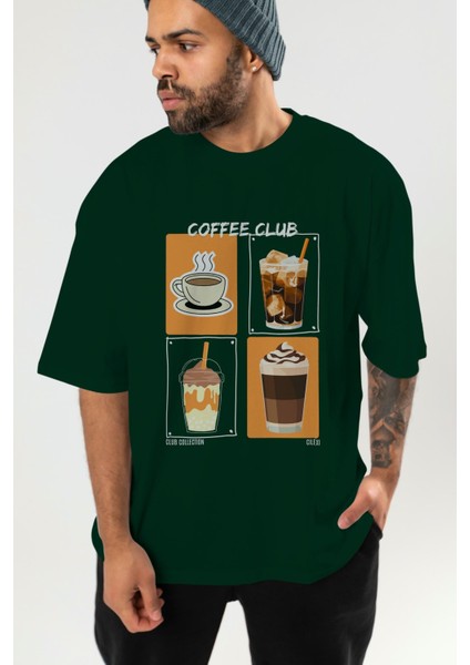 Coffee Club Ön Baskılı Oversize T-Shirt Erkek Kadın %100 Pamuk Bisiklet Yaka Tişort
