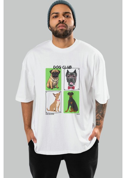 Dog Club Ön Baskılı Oversize T-Shirt Erkek Kadın %100 Pamuk Bisiklet Yaka Tişort