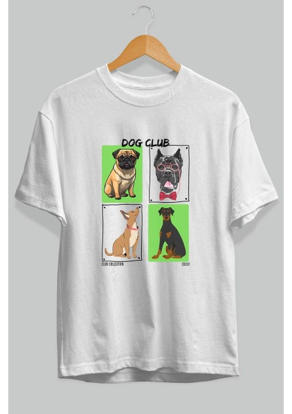 Dog Club Ön Baskılı Oversize T-Shirt Erkek Kadın %100 Pamuk Bisiklet Yaka Tişort fiyatları