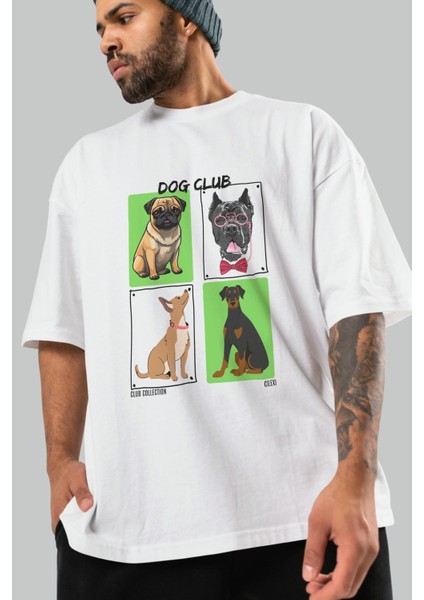 Dog Club Ön Baskılı Oversize T-Shirt Erkek Kadın %100 Pamuk Bisiklet Yaka Tişort modelleri