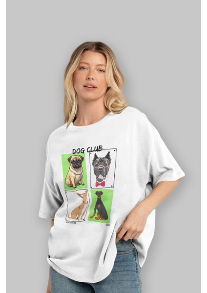 Dog Club Ön Baskılı Oversize T-Shirt Erkek Kadın %100 Pamuk Bisiklet Yaka Tişort fırsatları