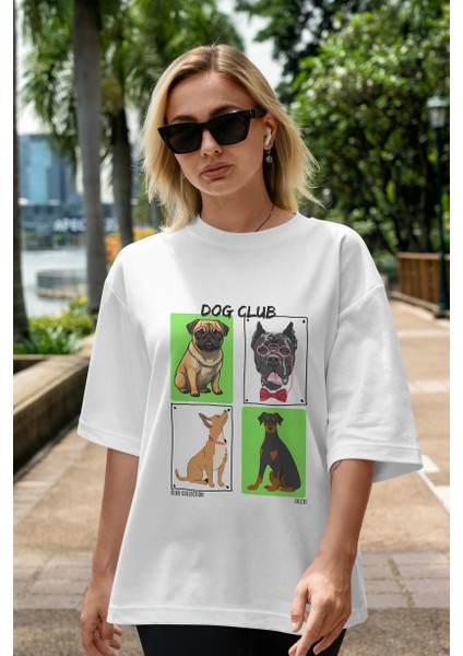 Dog Club Ön Baskılı Oversize T-Shirt Erkek Kadın %100 Pamuk Bisiklet Yaka Tişort indirimleri