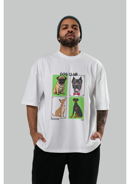 Dog Club Ön Baskılı Oversize T-Shirt Erkek Kadın %100 Pamuk Bisiklet Yaka Tişort