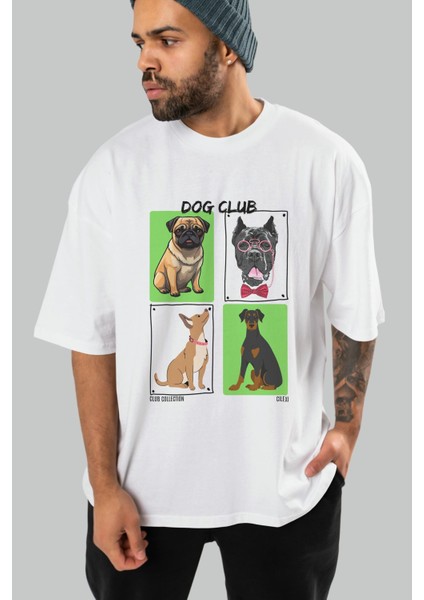 Dog Club Ön Baskılı Oversize T-Shirt Erkek Kadın %100 Pamuk Bisiklet Yaka Tişort