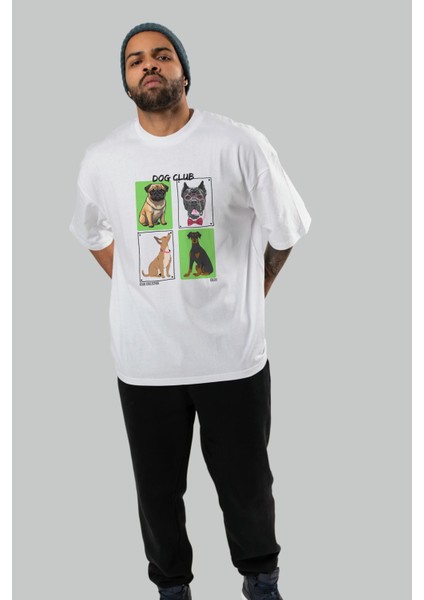 Dog Club Ön Baskılı Oversize T-Shirt Erkek Kadın %100 Pamuk Bisiklet Yaka Tişort