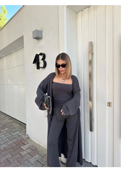 Kadın Triko Üçlü Takım - Füme