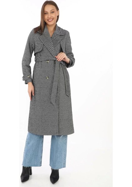 Kadın Balık Sırtı Kaşmir Uzun Kaşe Kaban - Boyalı Gri modelleri