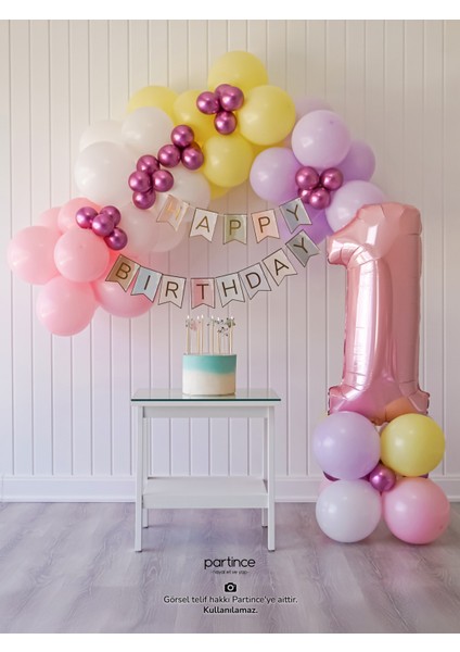 1 Yaş Balonu Doğum Günü Balon Zinciri Pastel Pembe Parti Seti