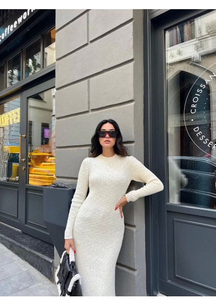 Bisiklet Yaka Fitilli Uzun Elbise - Beyaz