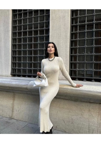 Bisiklet Yaka Fitilli Uzun Elbise - Beyaz fiyatları