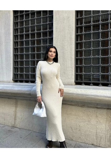 Bisiklet Yaka Fitilli Uzun Elbise - Beyaz fırsatları