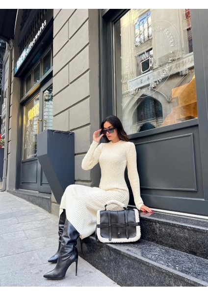 Bisiklet Yaka Fitilli Uzun Elbise - Beyaz indirimleri