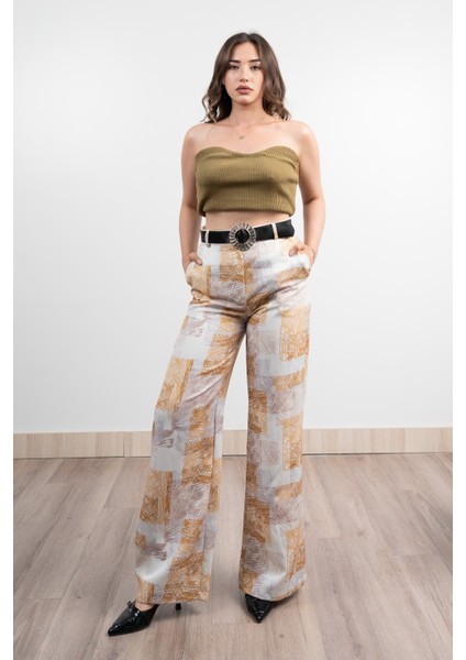 Renkli Bol Paça Kemerli ve Cepli Kumaş Pantolon 30031