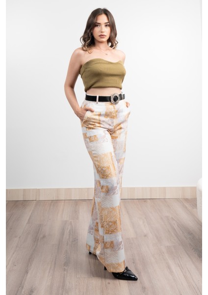 Renkli Bol Paça Kemerli ve Cepli Kumaş Pantolon 30031 fiyatları