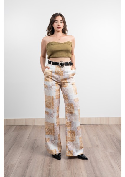 Renkli Bol Paça Kemerli ve Cepli Kumaş Pantolon 30031 indirimleri