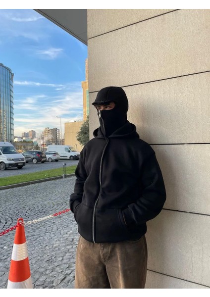 Samuray Kapüşonlu Zıp Fermuarlı Kapüşonlu Sweatshirt - Siyah