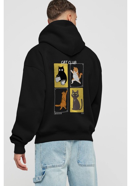 Cat Club Arka Baskılı Hoodie Oversize Kapüşonlu Sweatshirt Erkek Kadın