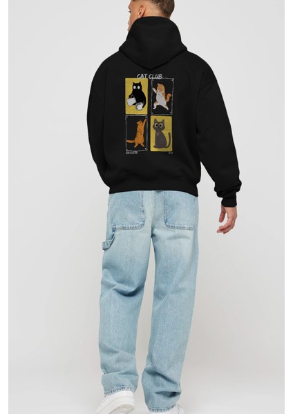 Cat Club Arka Baskılı Hoodie Oversize Kapüşonlu Sweatshirt Erkek Kadın fırsatları