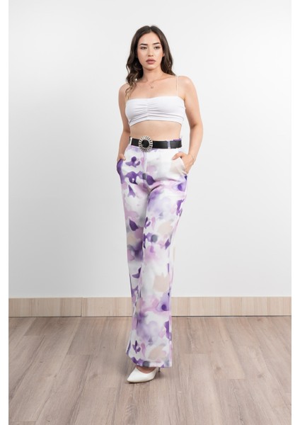 Renkli Bol Paça Kemerli ve Cepli Kumaş Pantolon 30031