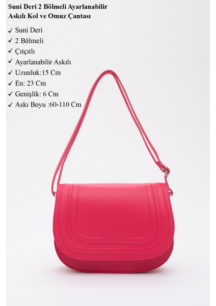 Fuşya SHK93 Suni Deri 2 Bölmeli Ayarlanabilir Askılı Kol ve Omuz Çantası modelleri