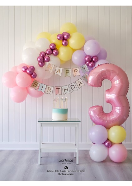 3 Yaş Balonu Doğum Günü Balon Zinciri Pastel Pembe Parti Seti