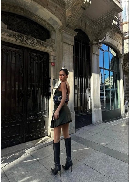 Iki Parçalı Pileli Askılı Kadın Mini Elbise - Haki fırsatları