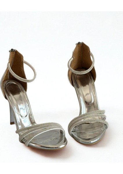 Gümüş Ayna Üç Biyeli Taşlı Ince Yüksek Topuklu Abiye Ayakkabı modelleri