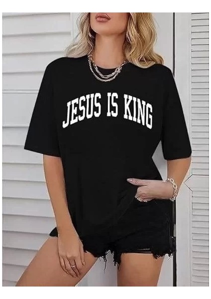 Kadın Bisiklet Yaka Kısa Kol Baskılı T-Shirt - Siyah