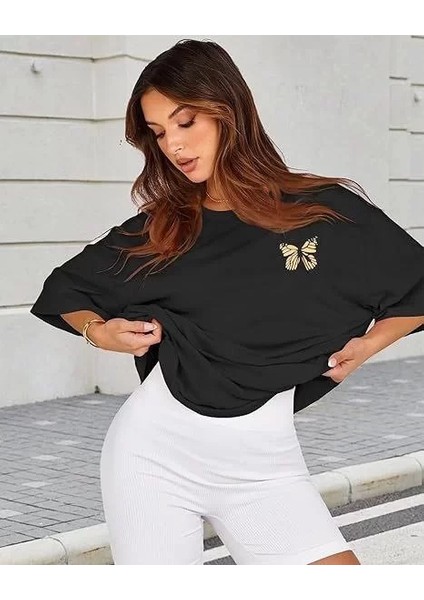 Kadın Bisiklet Yaka Baskılı T-Shirt - Siyah