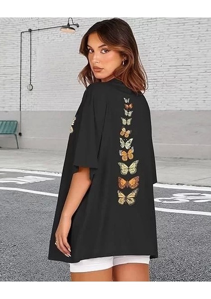 Kadın Bisiklet Yaka Baskılı T-Shirt - Siyah modelleri