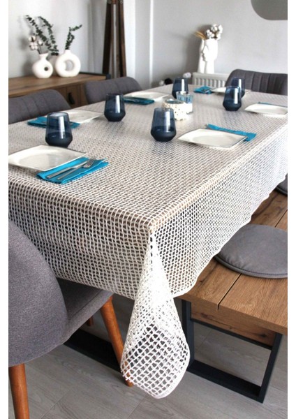 Şeffaf Hasır Lüx Pvc Kaplamalı Silinebilir Masa Örtüsü Su Geçirmez Muşamba Sofra Bezi Kare Desenli.