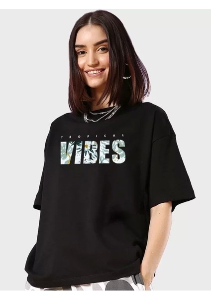 Kadın Baskılı Oversize T-Shirt - Siyah