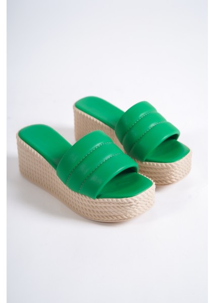 Adara Yüksek/kalın Ortopedik Taban Dolgu Topuklu Kadın Günlük Terlik Kt Yeşil