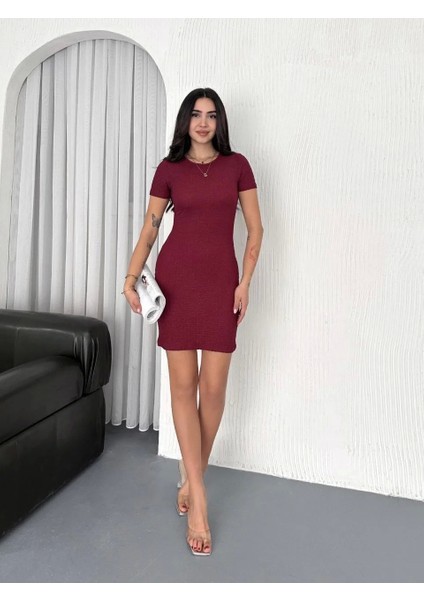 Kadın Bisiklet Yaka Kısa Kol Likralı Elbise - Bordo fiyatları