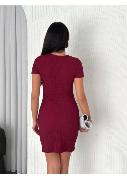 Kadın Bisiklet Yaka Kısa Kol Likralı Elbise - Bordo modelleri